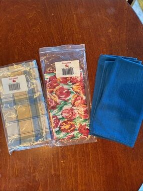Longaberger Blue Solid, Tulip & Plaid Napkin Trio